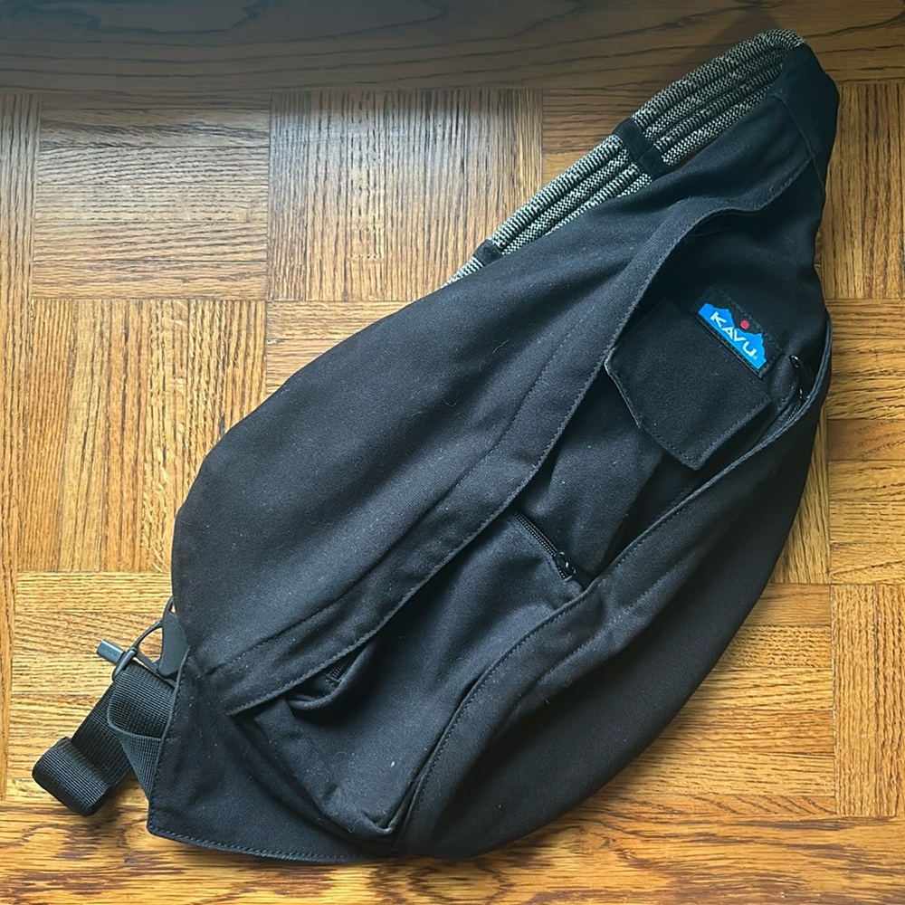 KAVU Black Rope Sling Bag Backpack Cotton Canvas Adjustable